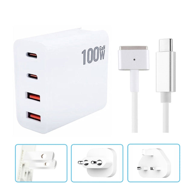 GaN 100W Dual USB-C/Type-C + Dual USB Multi Port Charger with  1.8m Type-C to MagSafe 2 / T Header Data Cable, Plug Size:US / EU / UK Plug