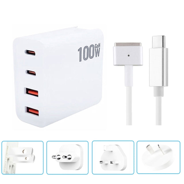 GaN 100W Dual USB-C/Type-C + Dual USB Multi Port Charger with  1.8m Type-C to MagSafe 2 / T Header Data Cable, Plug Size:US  / EU / UK / AU Plug