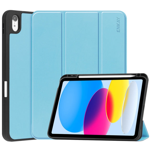 For iPad 2025 / 2022 ENKAY TPU Back Cover Smart Leather Stand Tablet Case with Pen Slot(Light Blue)