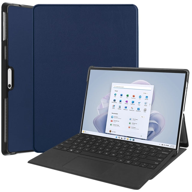 For Microsoft Surface Pro 9 JUNSUNMAY Custer Solid Color 3-Fold Stand Leather Tablet Case(Dark Blue)