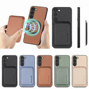 For Samsung Galaxy S23+ 5G Carbon Fiber Leather Card Magsafe Case(Green)