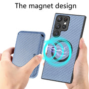 For Samsung Galaxy S23 Ultra 5G Carbon Fiber Leather Card Magsafe Case(Blue)