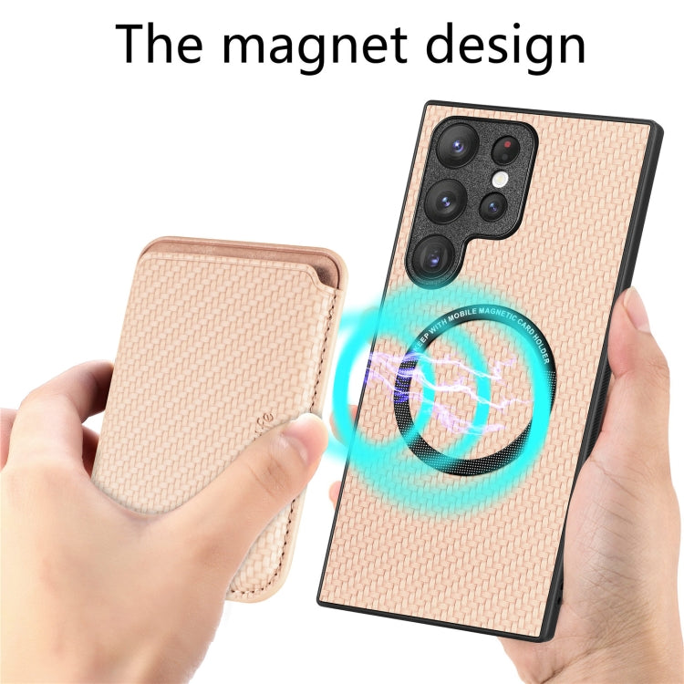 For Samsung Galaxy S23 Ultra 5G Carbon Fiber Leather Card Magsafe Case(Khaki) - Galaxy S23 Ultra 5G Cases by PMC TechLife | Online Shopping South Africa | PMC TechLife