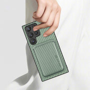 For Samsung Galaxy S23 Ultra 5G Carbon Fiber Leather Card Magsafe Case(Khaki)