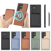 For Samsung Galaxy S23 Ultra 5G Carbon Fiber Leather Card Magsafe Case(Blue)