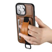 For iPhone 14 Pro Max Suteni H13 Card Wallet Wrist Strap Holder PU Phone Case(Brown)