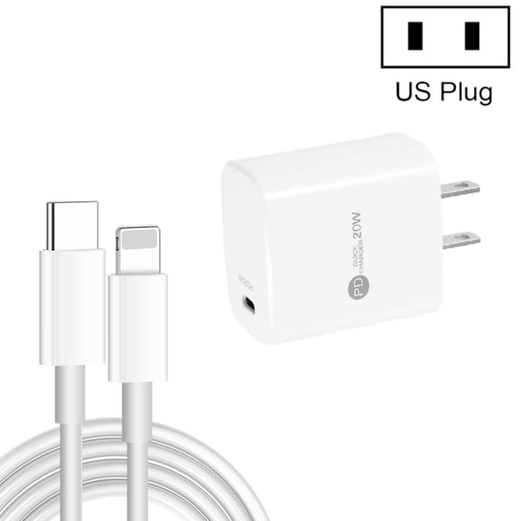 PD11 Single PD3.0 USB-C / Type-C 20W Fast Charger with 1m Type-C to 8 Pin Data Cable, US Plug(White)
