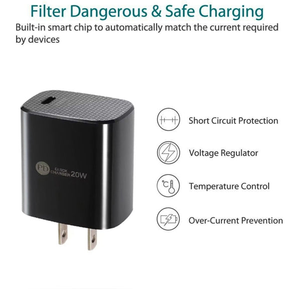 PD11 Single PD3.0 USB-C / Type-C 20W Fast Charger with 1m Type-C to 8 Pin Data Cable, US Plug(Black)
