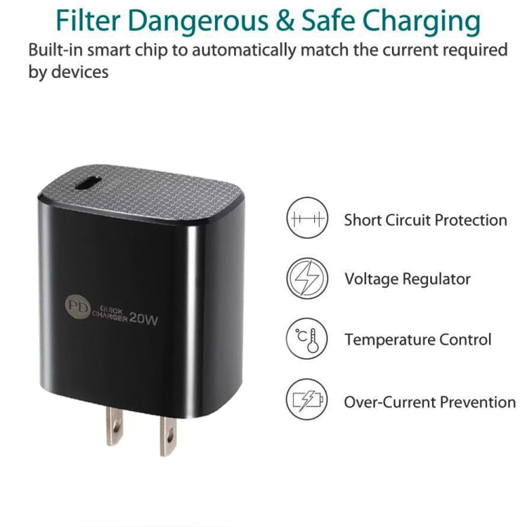 PD11 Single PD3.0 USB-C / Type-C 20W Fast Charger with 1m Type-C to 8 Pin Data Cable, US Plug(Black)