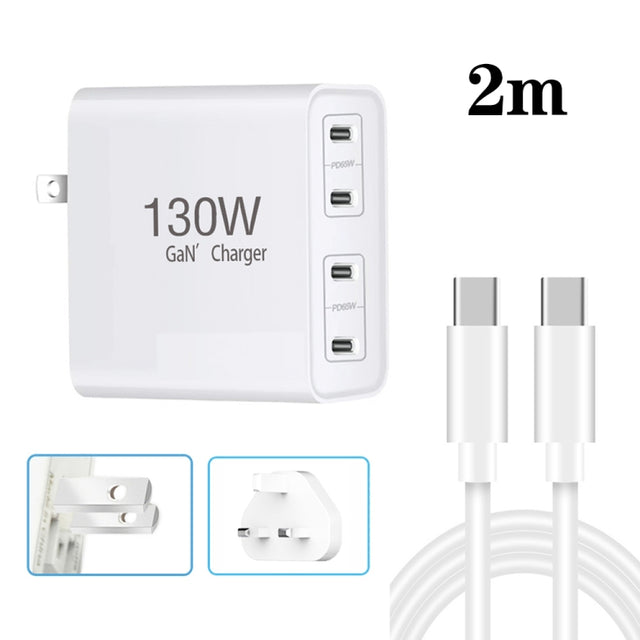 130W USB-C/Type-C Four Port GaN Charger with 2m USB-C/Type-C to USB-C/Type-C Data Cable Set EU / UK / AU / US Plug