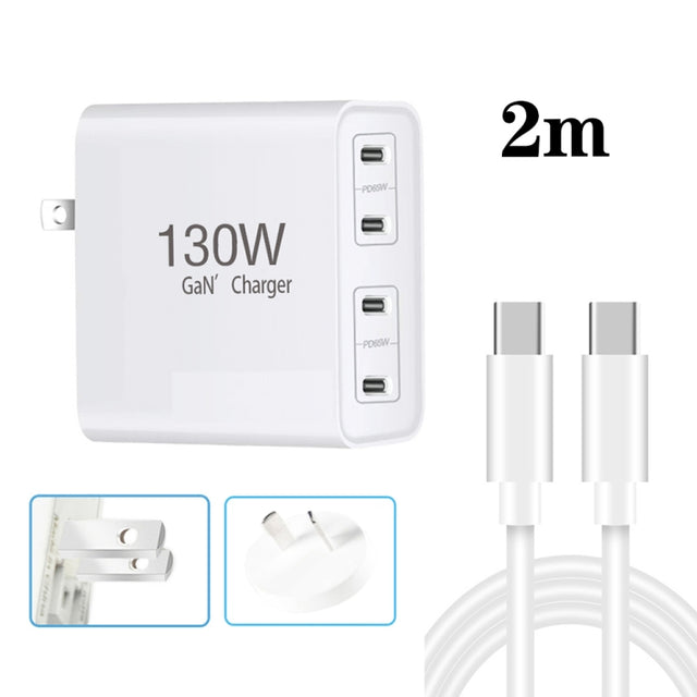 130W USB-C/Type-C Four Port GaN Charger with 2m USB-C/Type-C to USB-C/Type-C Data Cable Set EU / UK / AU / US Plug