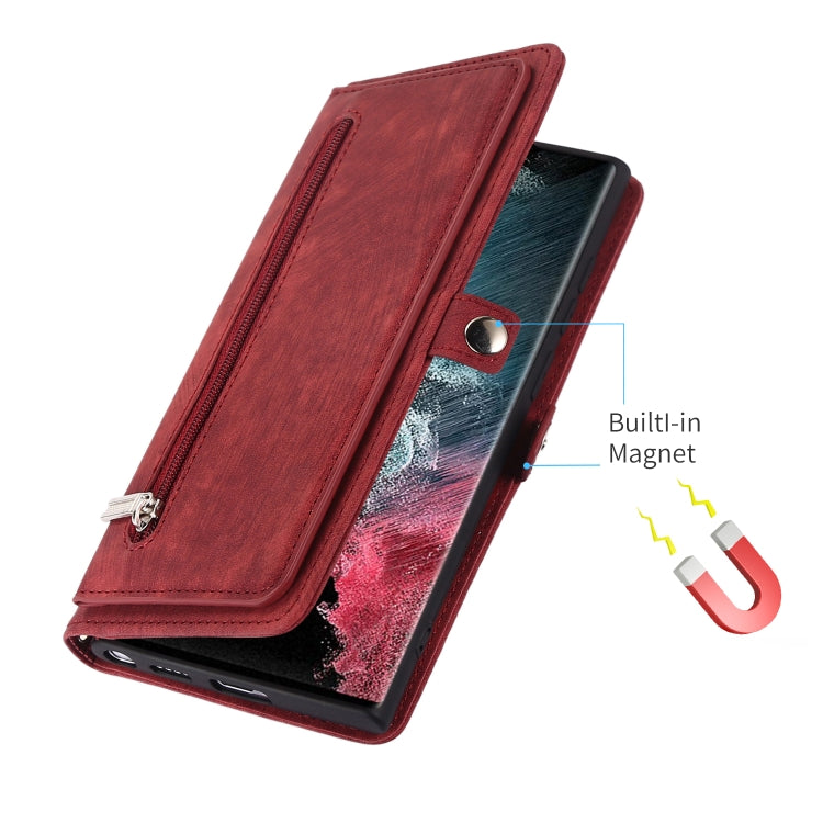 For Samsung Galaxy S22 Ultra 5G Zipper Card Slot Buckle Wallet Leather Phone Case(Red)