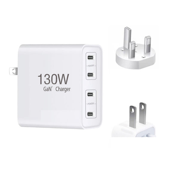 GaN 130W 4-Port USB-C PD65W / PD30W Multi Port Type-C Charger with  1.8m Type-C to MagSafe 2 / T Header Data Cable US / UK Plug