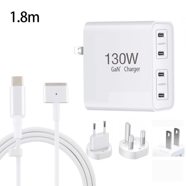 GaN 130W 4-Port USB-C PD65W / PD30W Multi Port Type-C Charger with  1.8m Type-C to MagSafe 2 / T Header Data Cable US / EU / UK Plug