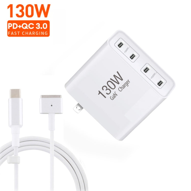 GaN 130W 4-Port USB-C PD65W / PD30W Multi Port Type-C Charger with  1.8m Type-C to MagSafe 2 / T Header Data Cable US / EU / UK Plug - Cable & Adapter by PMC Jewellery | Online Shopping South Africa | PMC Jewellery | Buy Now Pay Later Mobicred