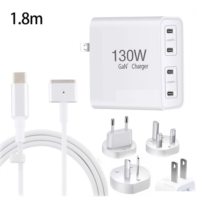 GaN 130W 4-Port USB-C PD65W / PD30W Multi Port Type-C Charger with  1.8m Type-C to MagSafe 2 / T Header Data Cable US / EU / UK / AU Plug