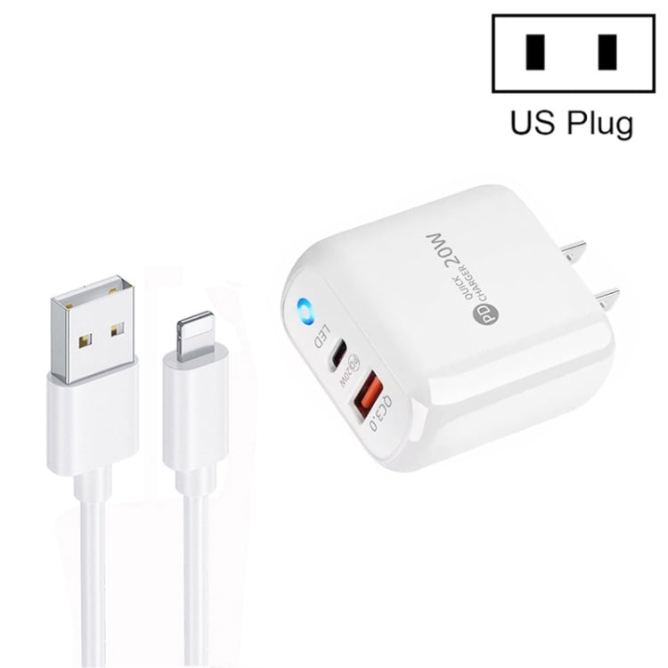 PD04 Type-C + USB Mobile Phone Charger with USB to 8 Pin Cable, US Plug(White) - free shipping - PMC Jewellery - Order now!