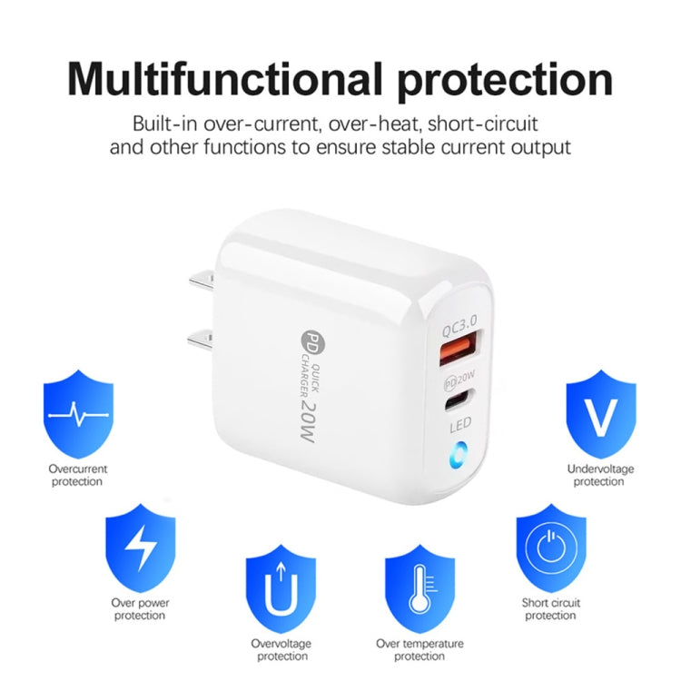 PD04 Type-C + USB Mobile Phone Charger with USB to 8 Pin Cable, US Plug(White)