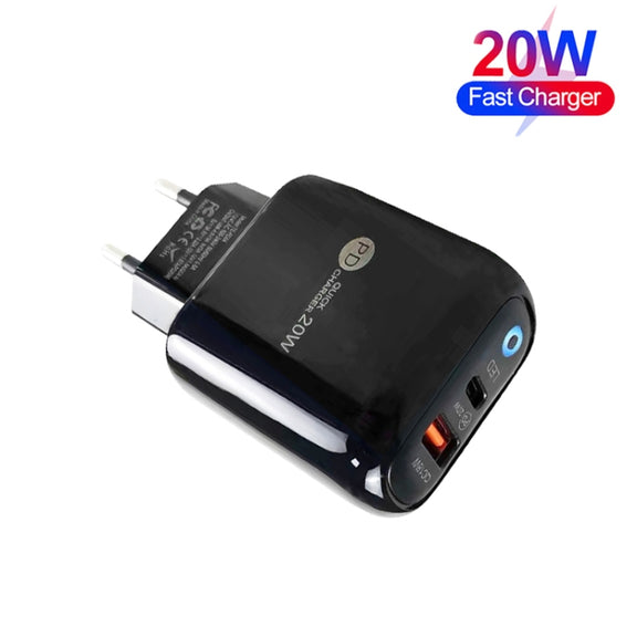 PD04 Type-C + USB Mobile Phone Charger with USB to 8 Pin Cable, EU Plug(Black)