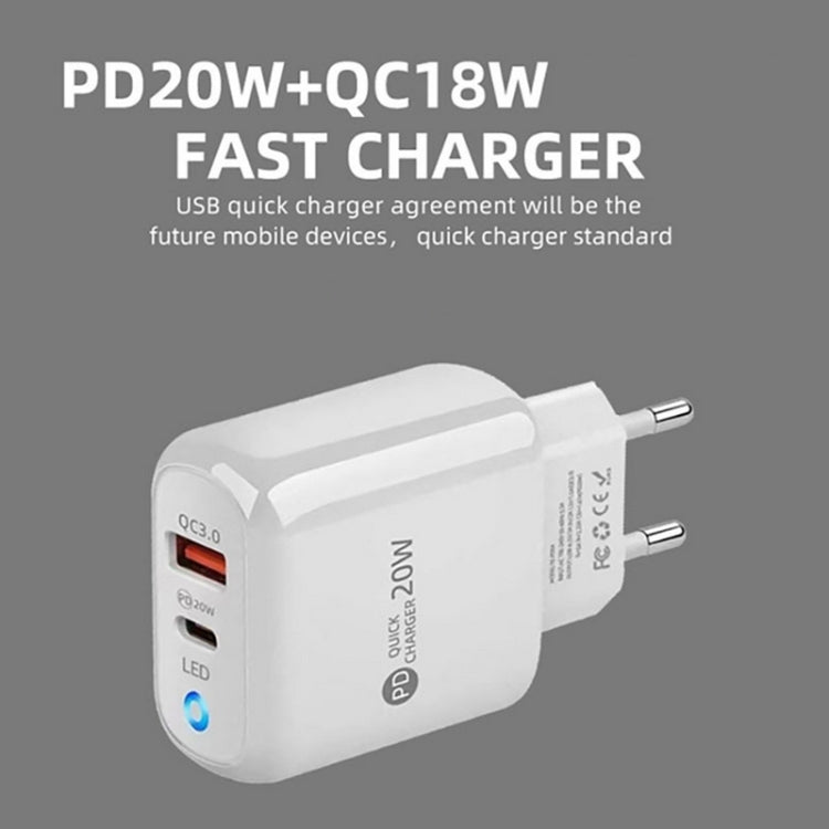 PD04 Type-C + USB Mobile Phone Charger with USB to 8 Pin Cable, UK Plug(White)