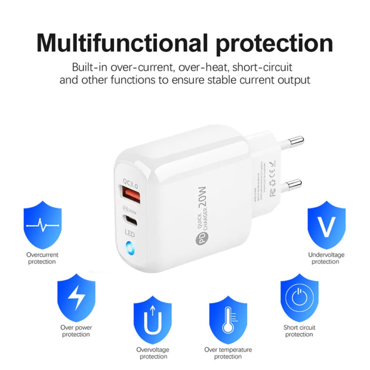 PD04 Type-C + USB Mobile Phone Charger with Type-C to 8 Pin Cable, EU Plug(Black)
