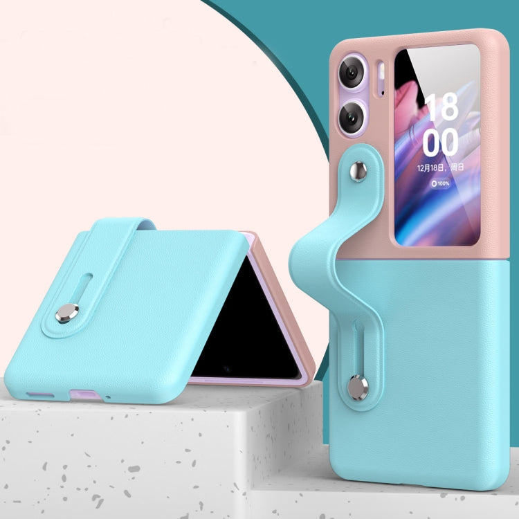 For OPPO Find N2 Flip Skin Color Contrast Wrist Strap Bracket Folding Phone Case(Ice Blue+Pink) - Find N2 Flip Cases by PMC TechLife | Online Shopping South Africa | PMC TechLife | Buy Now Pay Later Mobicred