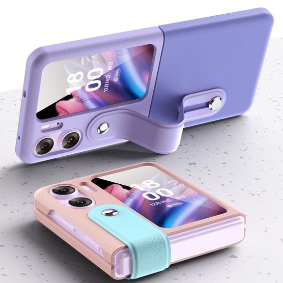 For OPPO Find N2 Flip Skin Color Contrast Wrist Strap Bracket Folding Phone Case(Ice Blue+Pink)