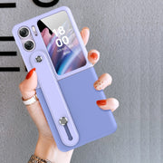 For OPPO Find N2 Flip Skin Color Contrast Wrist Strap Bracket Folding Phone Case(Ice Blue+Pink)