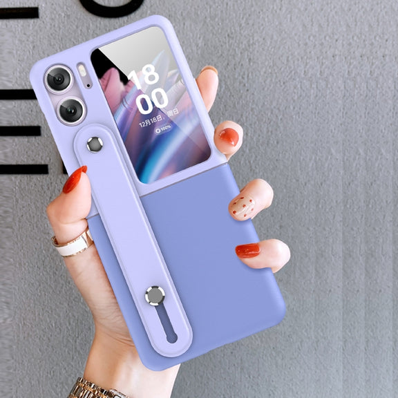 For OPPO Find N2 Flip Skin Color Contrast Wrist Strap Bracket Folding Phone Case(Ice Blue+Pink)