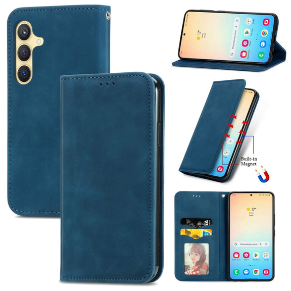 For Samsung Galaxy S25 5G Retro Skin Feel Magnetic Leather Phone Case(Blue)