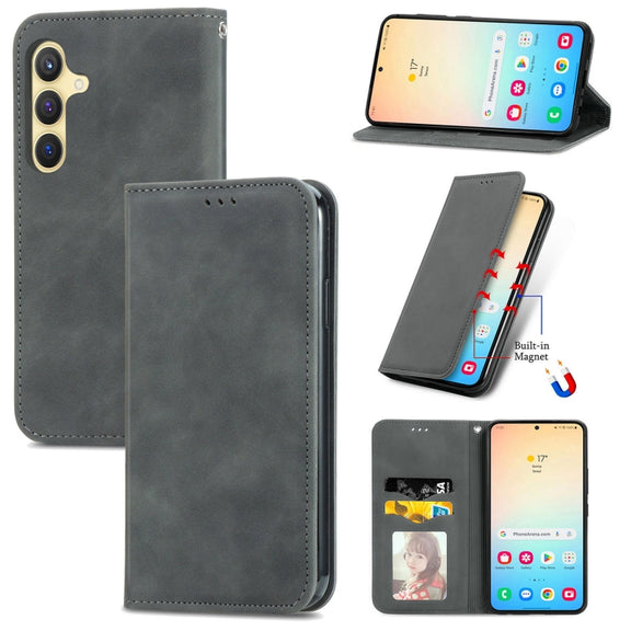 For Samsung Galaxy S25 5G Retro Skin Feel Magnetic Leather Phone Case(Gray)