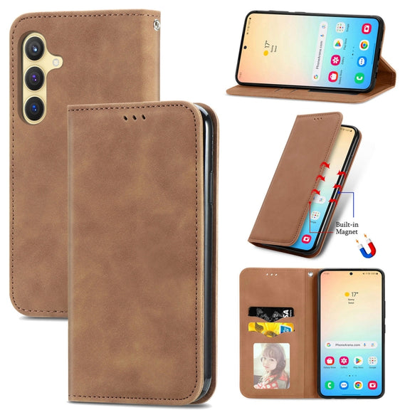 For Samsung Galaxy S25+ 5G Retro Skin Feel Magnetic Leather Phone Case(Brown)