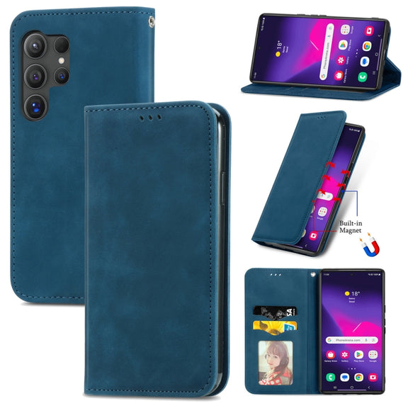 For Samsung Galaxy S25 Ultra 5G Retro Skin Feel Magnetic Leather Phone Case(Blue)