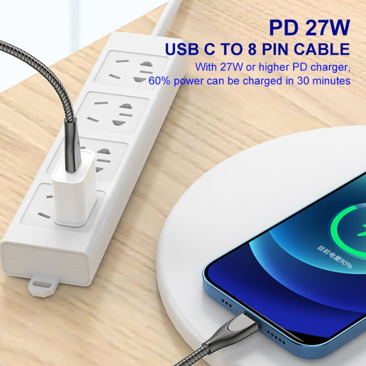ENKAY ENK-CB128 PD 27W Type-C to 8 Pin Carbon Steel Hose Spring Fast Charging Data Cable, Length:2m(Silver) - free shipping - PMC Jewellery - Order now!