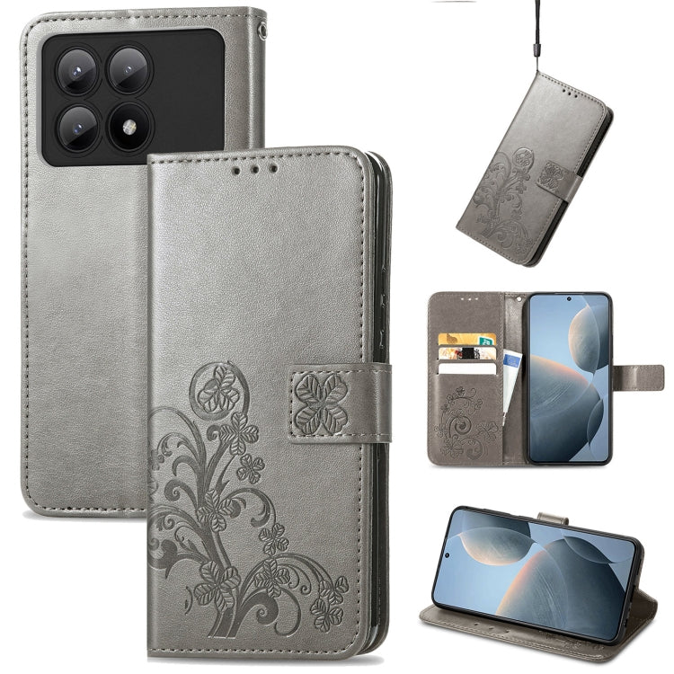 For Xiaomi Redmi K70E Four-leaf Clasp Embossed Leather Phone Case(Gray) - K70E Cases by PMC TechLife | Online Shopping South Africa | PMC TechLife | Buy Now Pay Later Mobicred