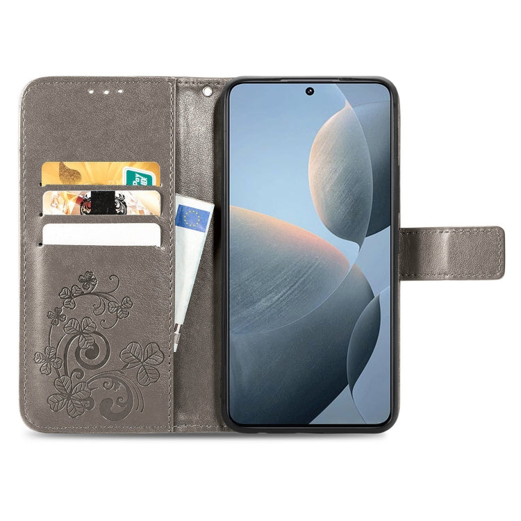 For Xiaomi Redmi K70E Four-leaf Clasp Embossed Leather Phone Case(Gray) - K70E Cases by PMC TechLife | Online Shopping South Africa | PMC TechLife | Buy Now Pay Later Mobicred
