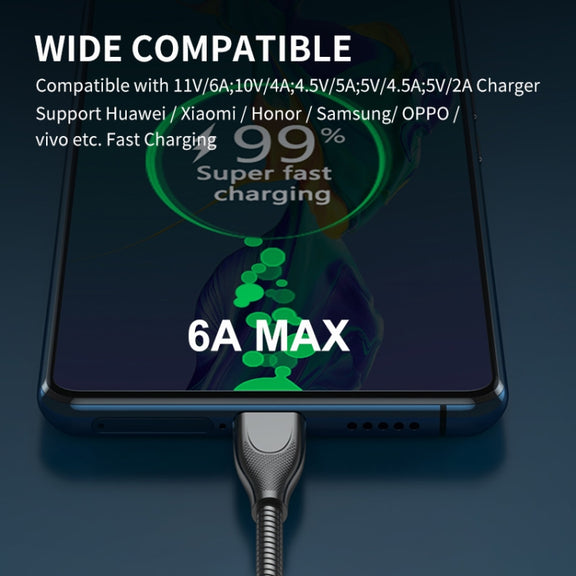 ENKAY ENK-CB132 USB to USB-C / Type-C Carbon Steel Hose Spring 6A Supper Fast Charging Data Cable, Length:2m(Black)