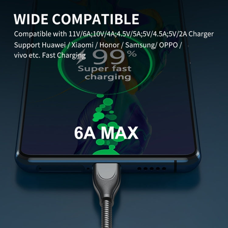 ENKAY ENK-CB132 USB to USB-C / Type-C Carbon Steel Hose Spring 6A Supper Fast Charging Data Cable, Length:2m(Black)