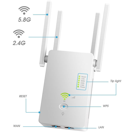 U6 5Ghz Wireless WiFi Repeater 1200Mbps Router Wifi Booster 2.4G Long Range Extender(US Plug)