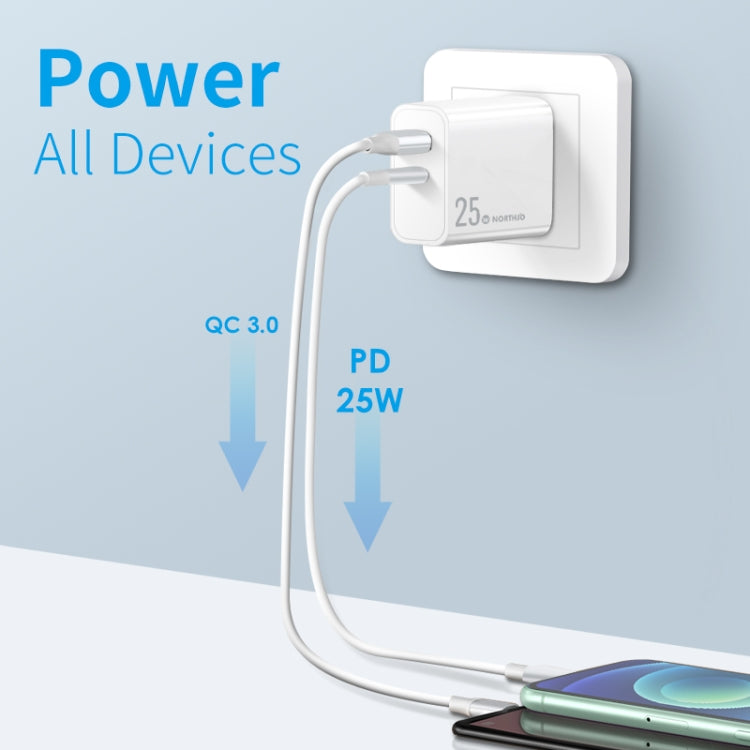 NORTHJO NOPD2502 PD 25W USB-C/Type-C + QC 3.0 USB Dual Ports Fast Charger, Plug Type:US Plug(White) - free shipping - PMC Jewellery - Order now!