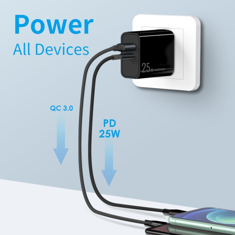 NORTHJO NOPD2502 PD 25W USB-C/Type-C + QC 3.0 USB Dual Ports Fast Charger, Plug Type:US Plug(Black) - free shipping - PMC Jewellery - Order now!
