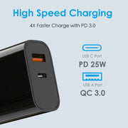 NORTHJO NOPD2502 PD 25W USB-C/Type-C + QC 3.0 USB Dual Ports Fast Charger, Plug Type:EU Plug(Black)
