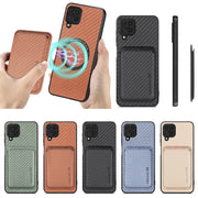 For Samsung Galaxy A22 4G Carbon Fiber Leather Card Magsafe Magnetic Phone Case(Khaki)
