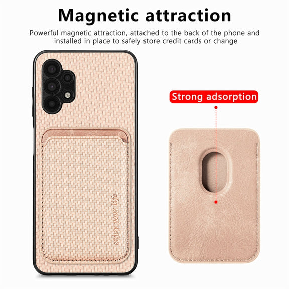 For Samsung Galaxy A32 5G Carbon Fiber Leather Card Magsafe Magnetic Phone Case(Khaki)