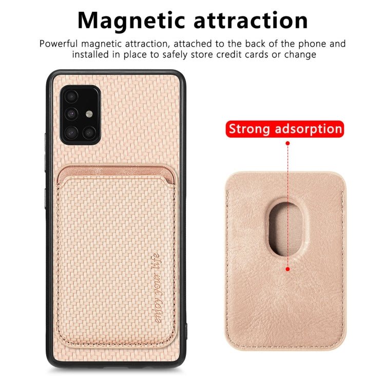 For Samsung Galaxy A51 5G Carbon Fiber Leather Card Magsafe Magnetic Phone Case(Khaki)