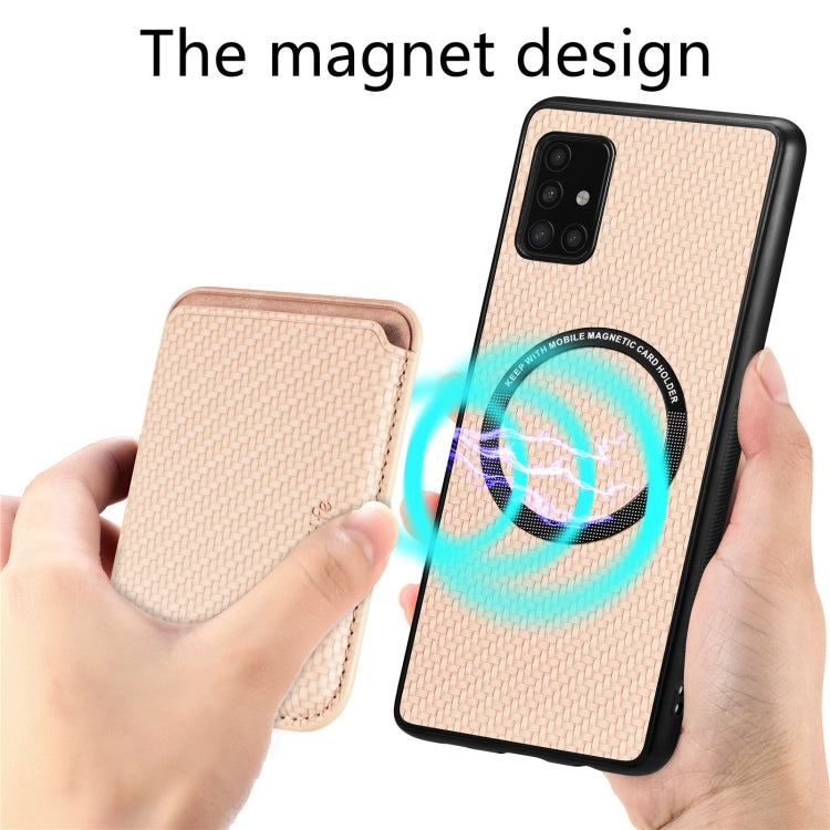 For Samsung Galaxy A51 5G Carbon Fiber Leather Card Magsafe Magnetic Phone Case(Khaki) - Galaxy Phone Cases by PMC TechLife | Online Shopping South Africa | PMC TechLife
