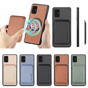 For Samsung Galaxy A51 5G Carbon Fiber Leather Card Magsafe Magnetic Phone Case(Khaki)