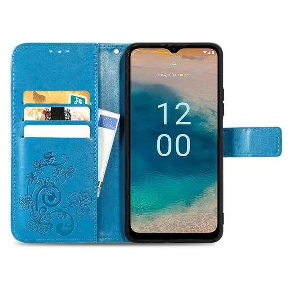 For Nokia G22  Four-leaf Clasp Embossed Buckle Leather Phone Case(Blue)