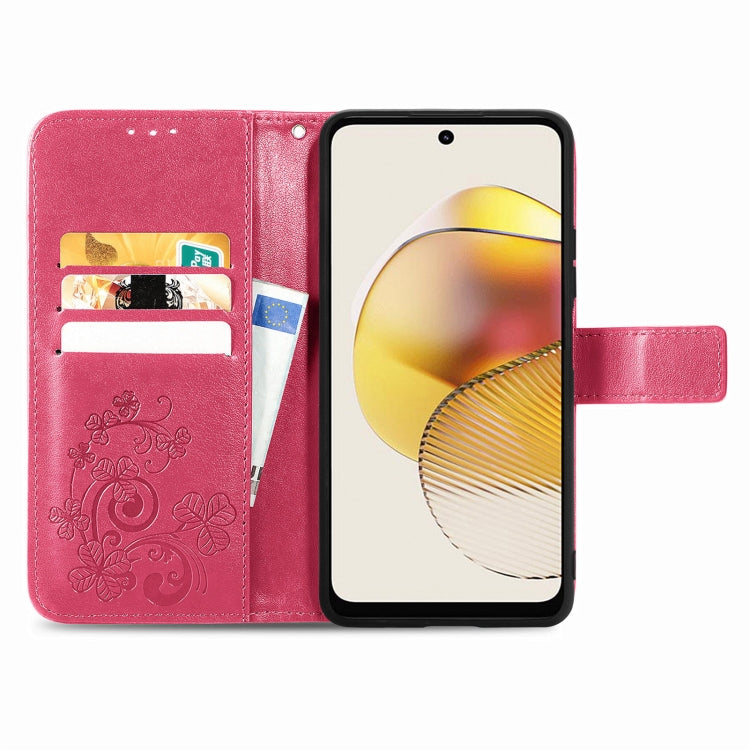 For Motorola Moto G73 Four-leaf Clasp Embossed Buckle Leather Phone Case(Magenta) - Motorola Cases by PMC TechLife | Online Shopping South Africa | PMC TechLife | Buy Now Pay Later Mobicred