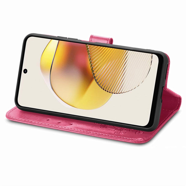 For Motorola Moto G73 Four-leaf Clasp Embossed Buckle Leather Phone Case(Magenta) - Motorola Cases by PMC TechLife | Online Shopping South Africa | PMC TechLife | Buy Now Pay Later Mobicred